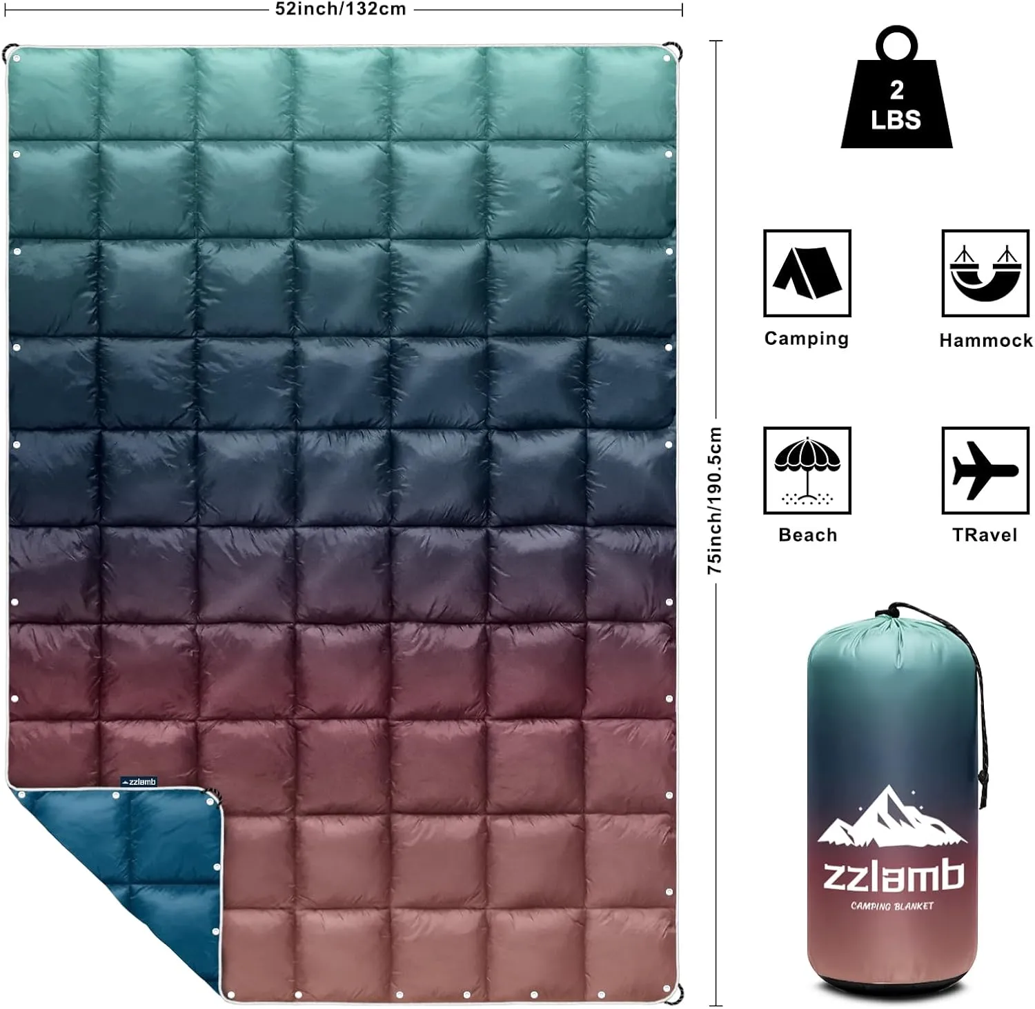 zzlamb Camping Blanket, Outdoor Lightweight Travel Blanket Puffy Portable Down Alternative, Windproof Warm Cloak with Snaps, Cozy Quilt Backpacking Picnic RV Plane Car Hammock Beach Climbing